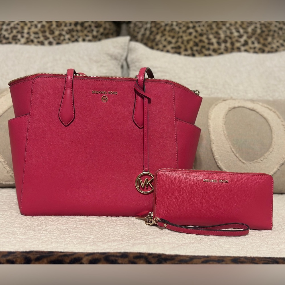 Michael Kors Pink Leather Tote with Silver Hardware